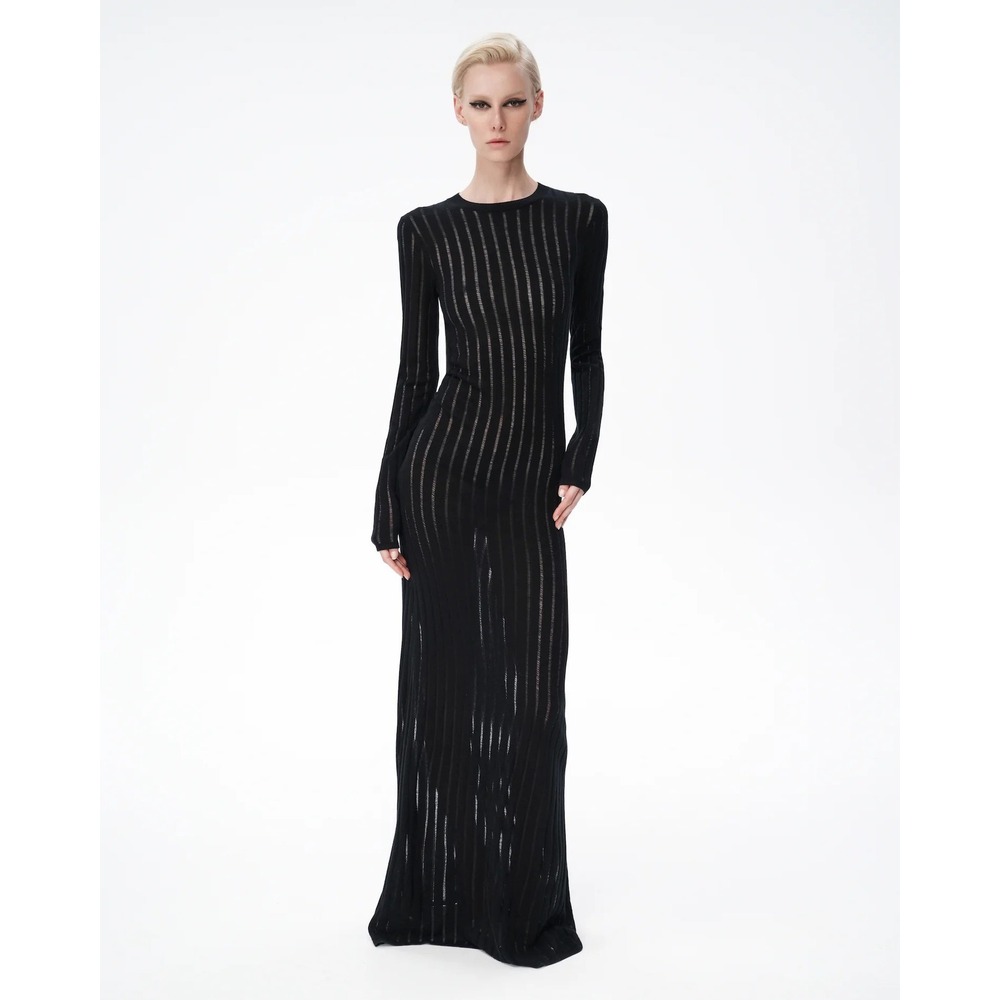 PERVERT.PRO Maxi Dress Black Linguine 2.0" Striped Print Silk Cashmere Ribbed